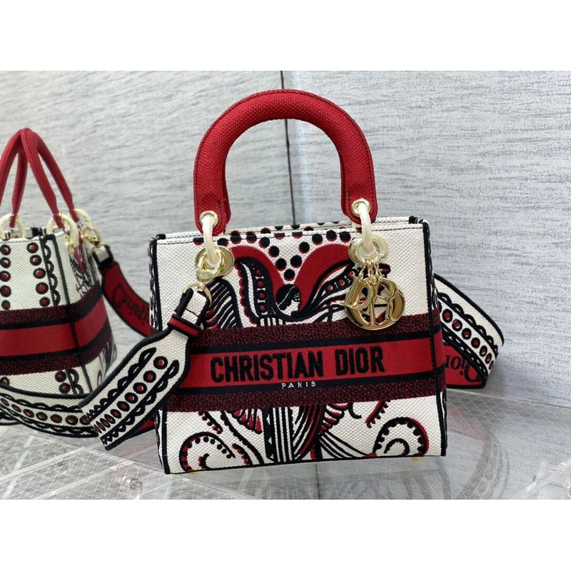 D*or medium lady d-lite bag embroidery red multicolor