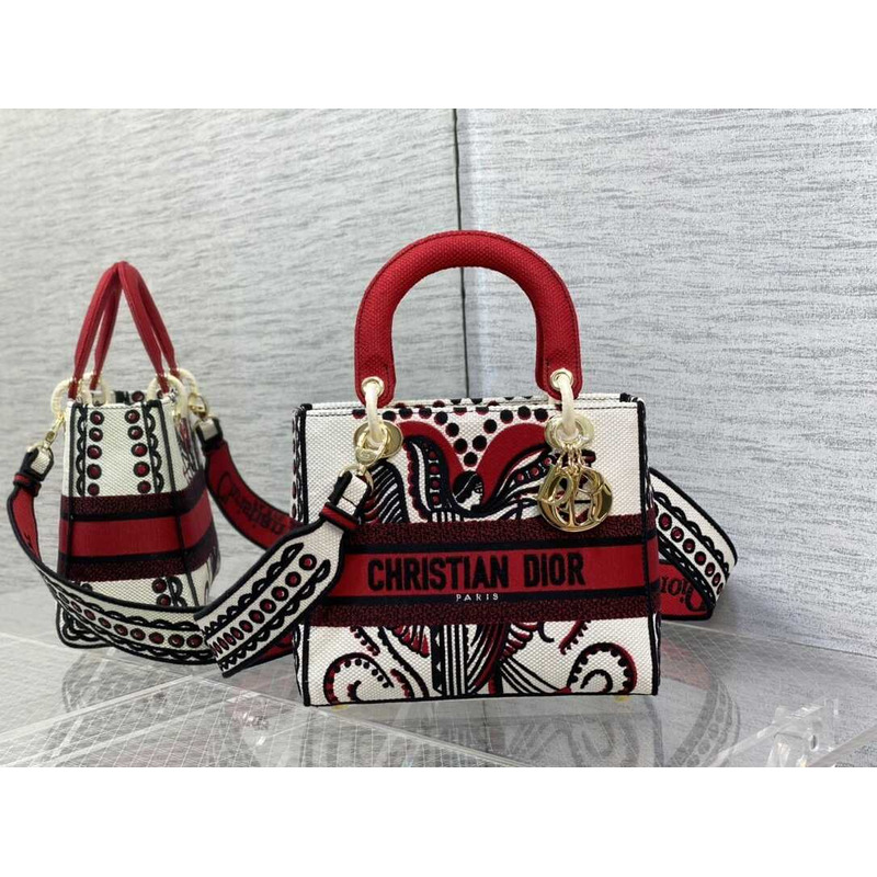 D*or medium lady d-lite bag embroidery red multicolor