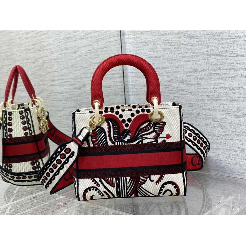 D*or medium lady d-lite bag embroidery red multicolor