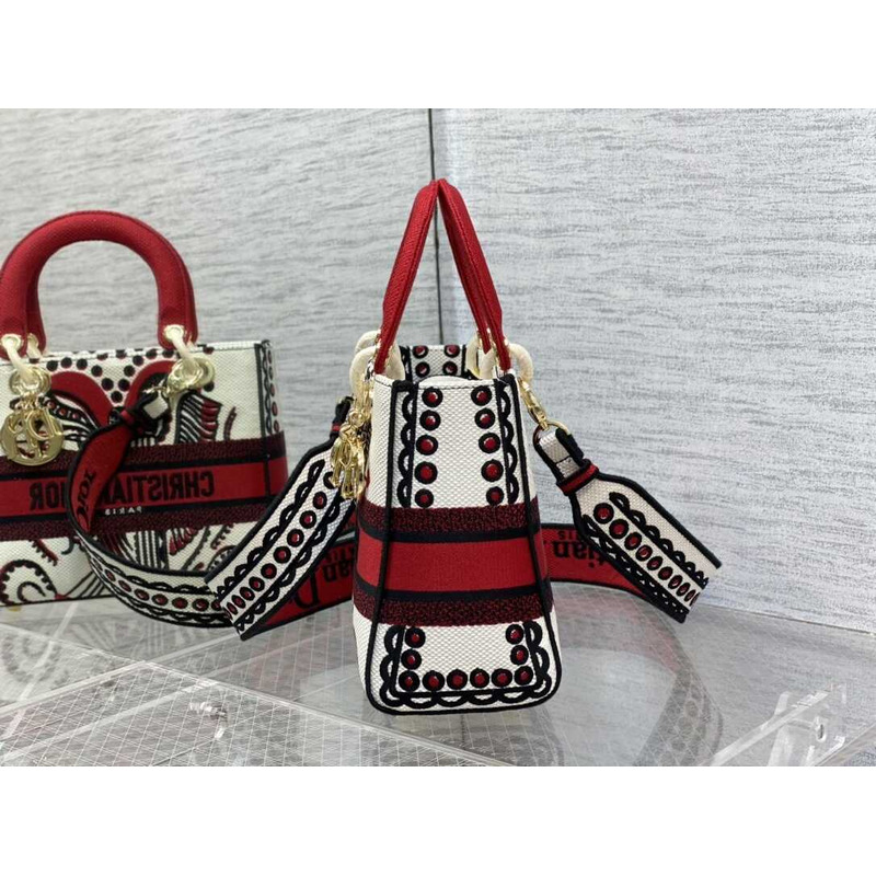 D*or medium lady d-lite bag embroidery red multicolor