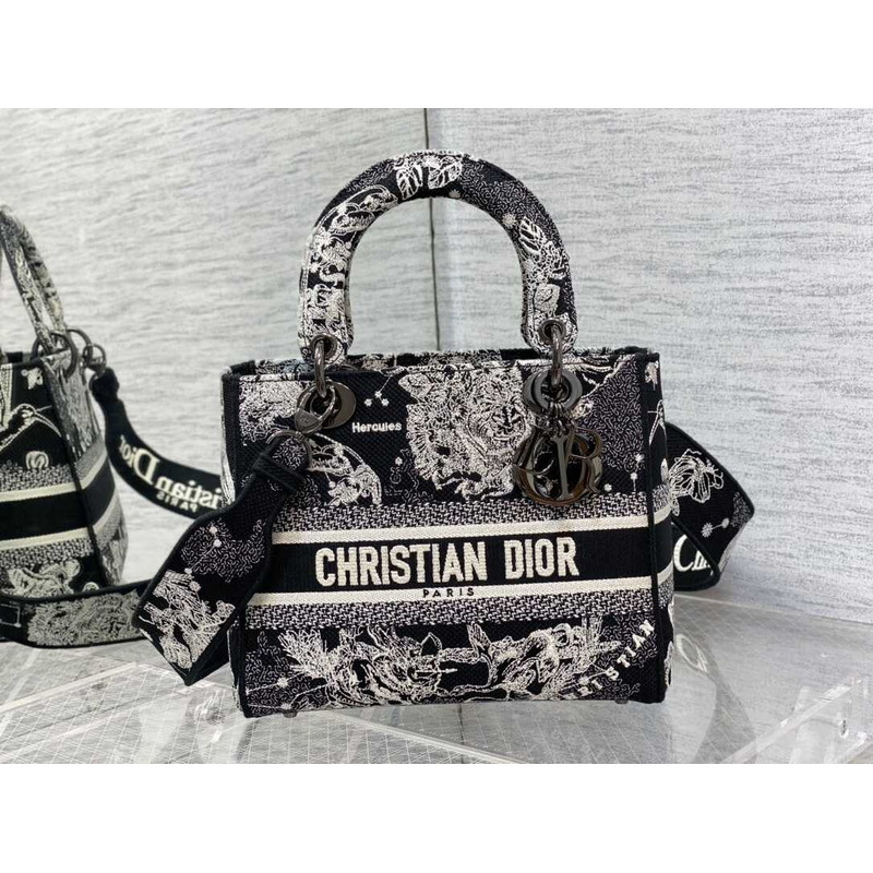 D*or medium lady d-lite bag embroidery black&beige