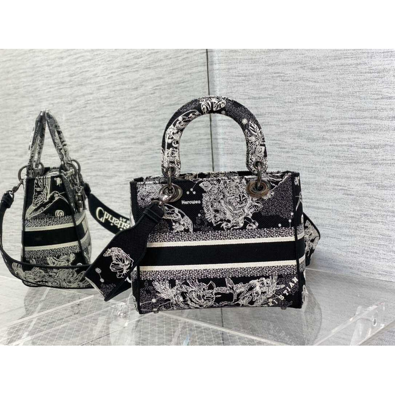 D*or medium lady d-lite bag embroidery black&beige