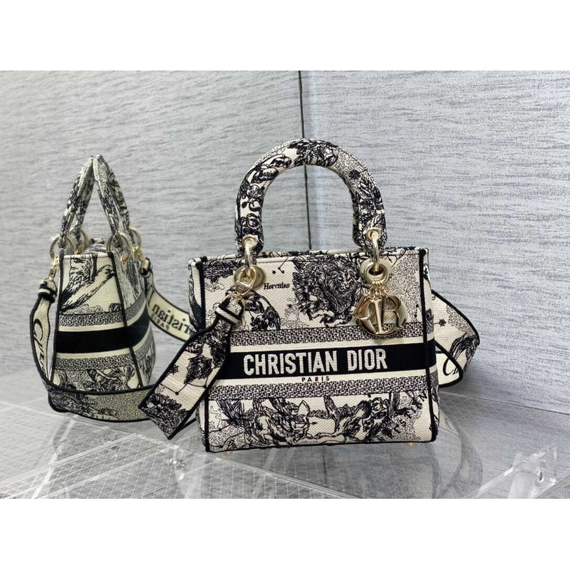 D*or medium lady d-lite bag embroidery black&beige