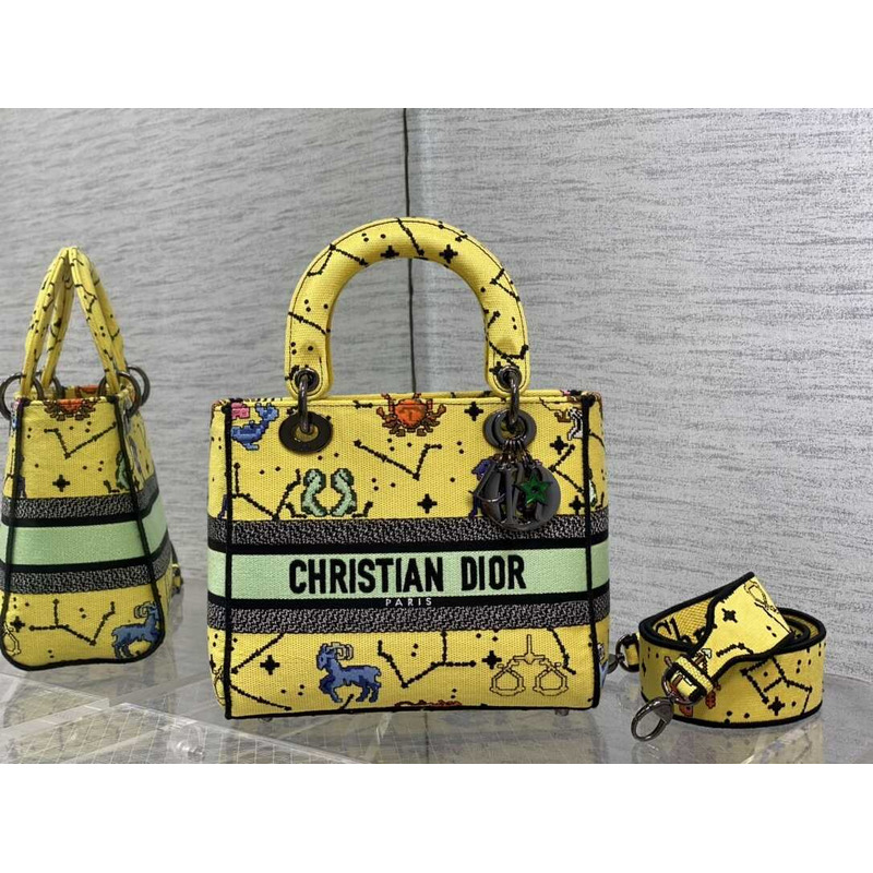 D*or  medium lady d-lite bag embroidery yellow multicolor