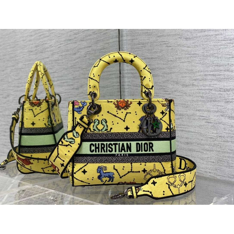 D*or  medium lady d-lite bag embroidery yellow multicolor