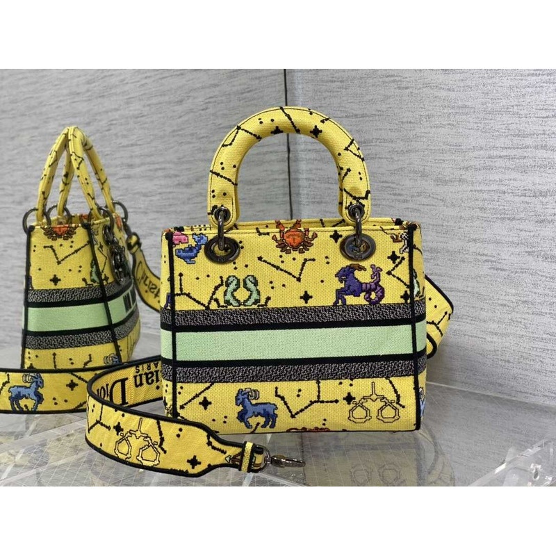 D*or  medium lady d-lite bag embroidery yellow multicolor