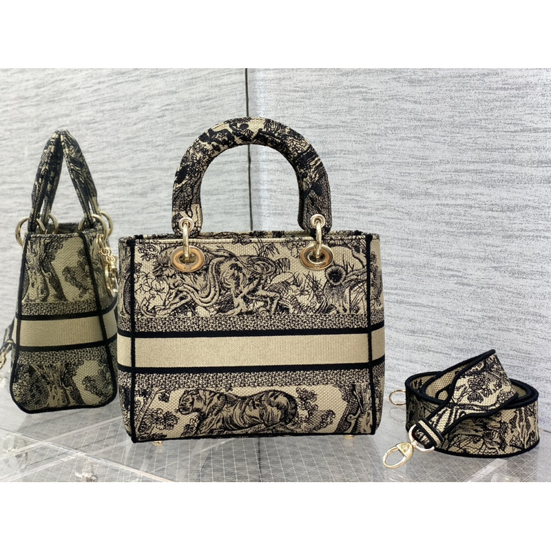 D*or  medium lady d-lite bag embroidery beige and black