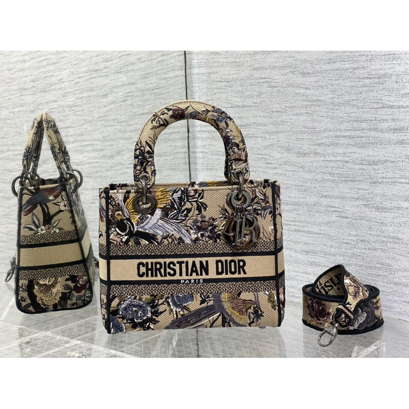 D*or  medium lady d-lite bag embroidery beige multicolor