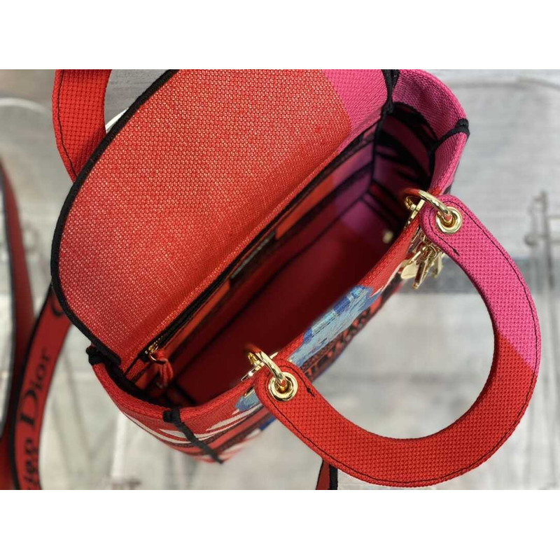 D*or  medium lady d-lite bag embroidery red multicolor