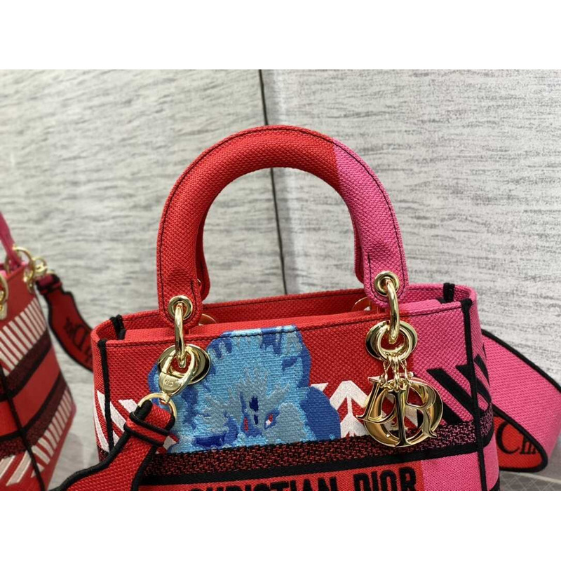 D*or  medium lady d-lite bag embroidery red multicolor