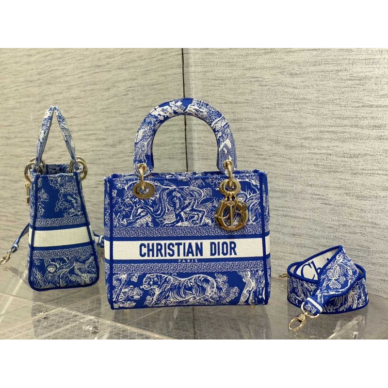 D*or  medium lady d-lite bag embroidery blue and white