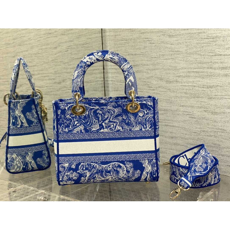 D*or  medium lady d-lite bag embroidery blue and white