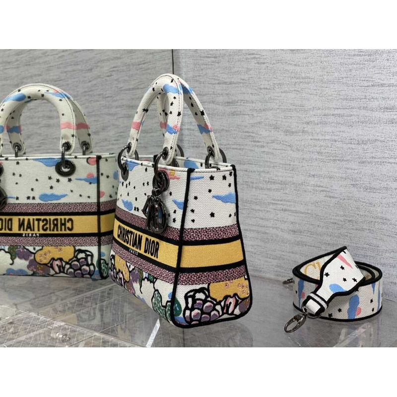 D*or  medium lady d-lite bag embroidery white multicolor