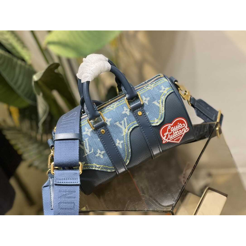 Virgil Abloh Monogram Denim Taurillon Leather Keepall XS Blue