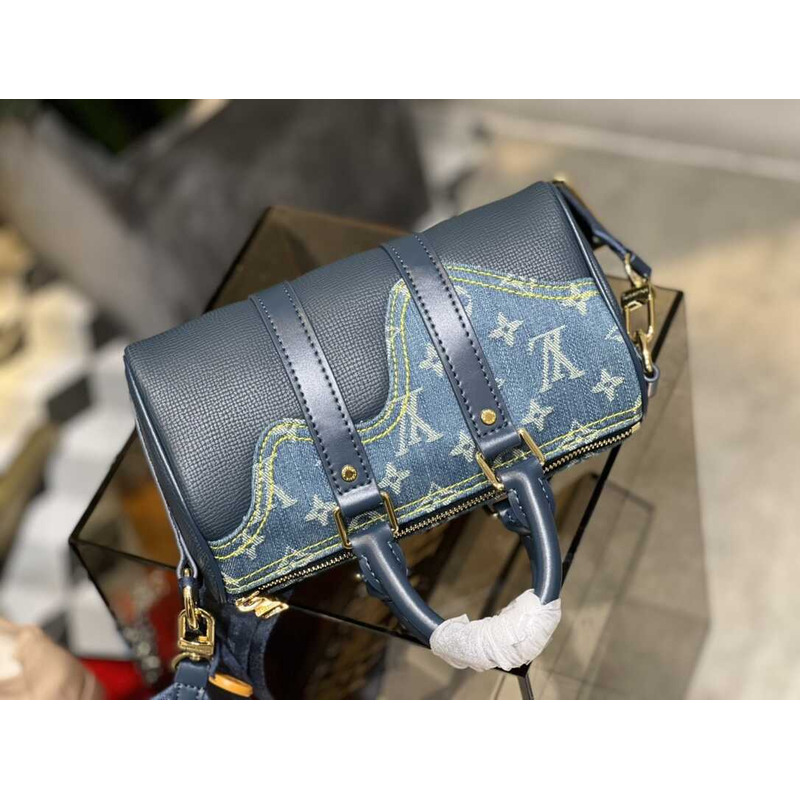 Virgil Abloh Monogram Denim Taurillon Leather Keepall XS Blue