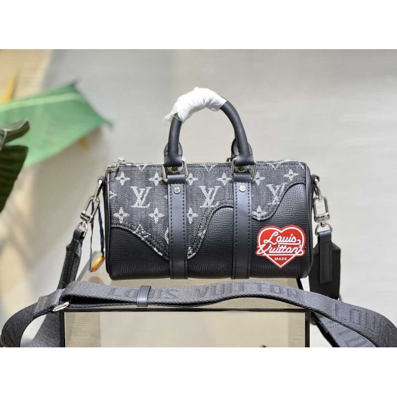 l**is V*t*n virgil abloh monogram denim taurillon leather keepall xs black