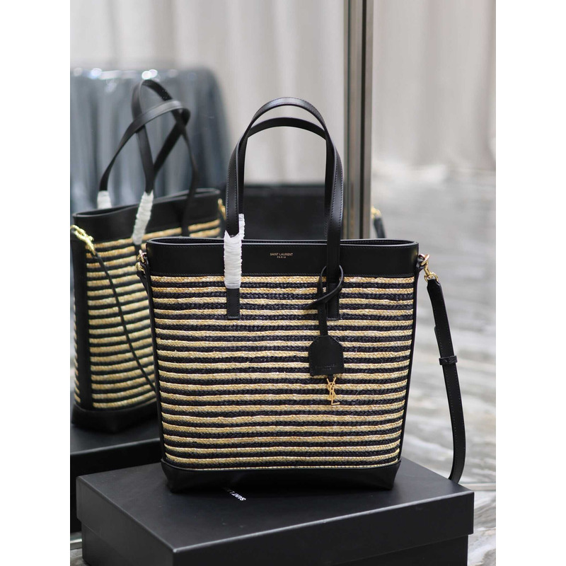 Saint Laurent Paneled Raffia Tote Bag Beige&Black