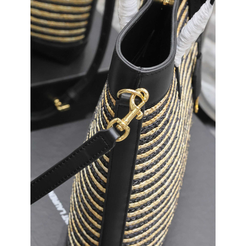 Saint Laurent Paneled Raffia Tote Bag Beige&Black