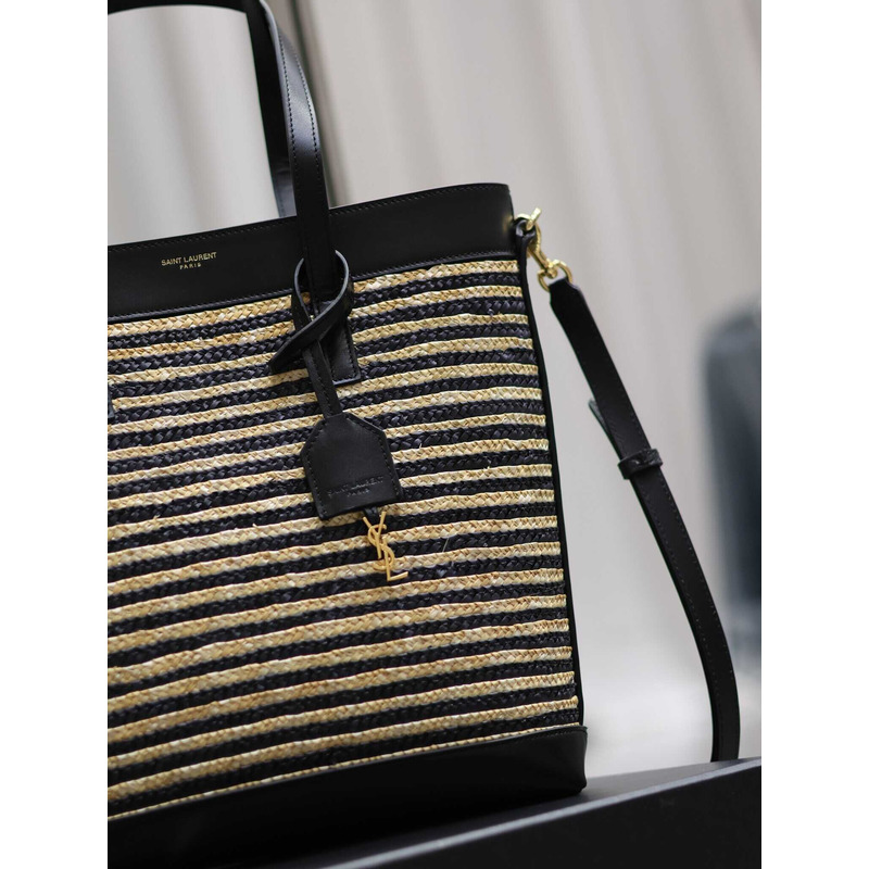 Saint Laurent Paneled Raffia Tote Bag Beige&Black