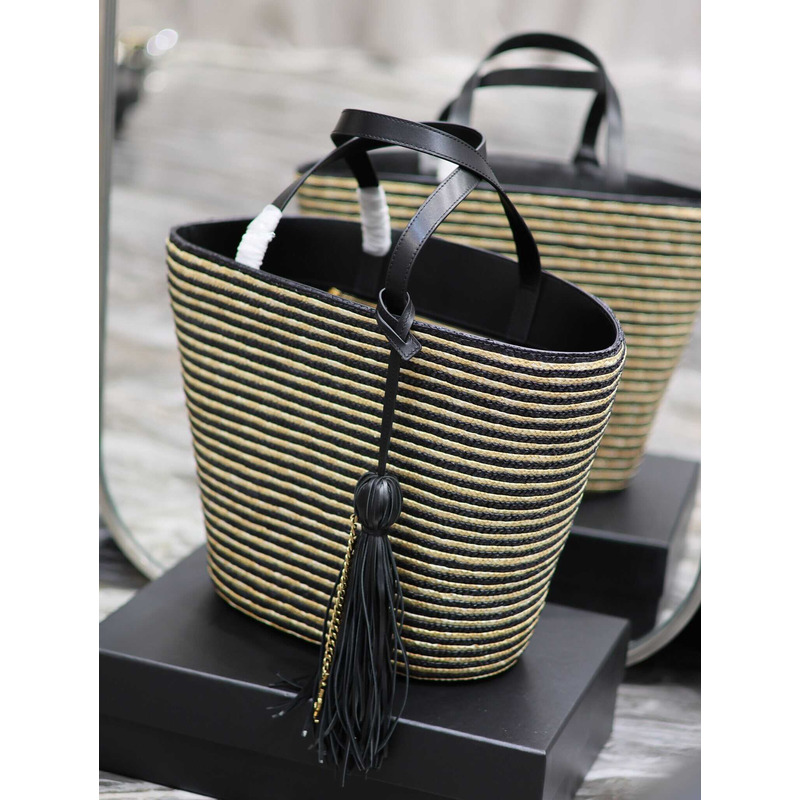 Saint Laurent Shopping Bag Tote  Raffia And Leather Beige&Black