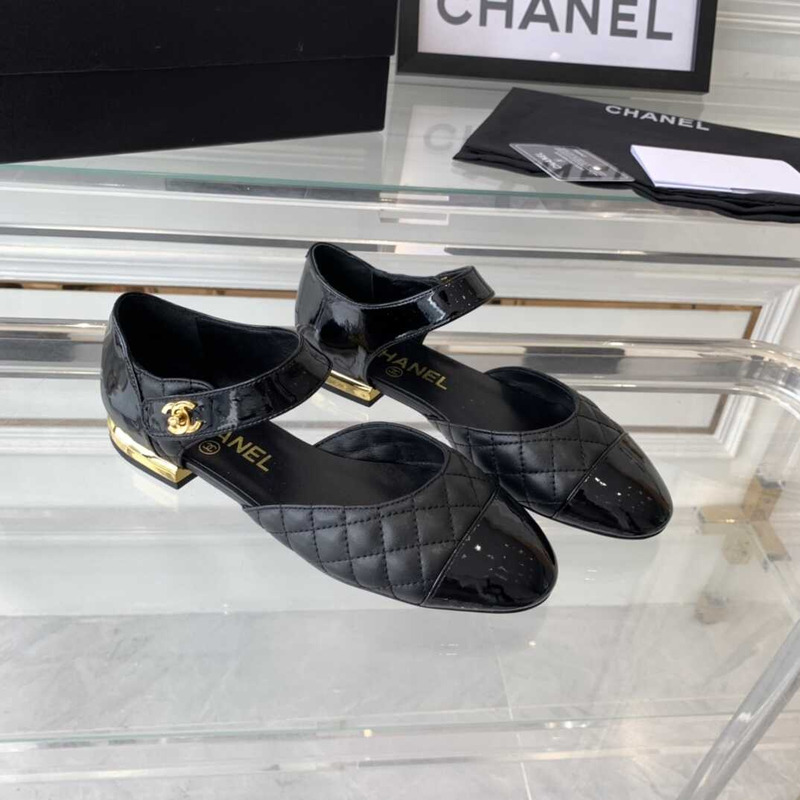 Ch*el mary janes patent calfskin and lambskin black