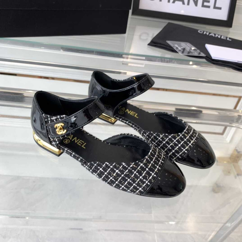 Ch*el mary janes wool and cotton tweed & patent calfskin black