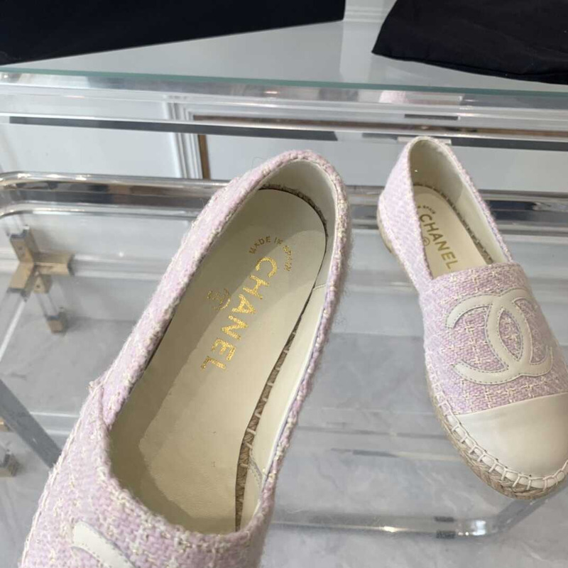 Ch*el flat espadrilles tweed,lambskin,patent calfskin white and pink