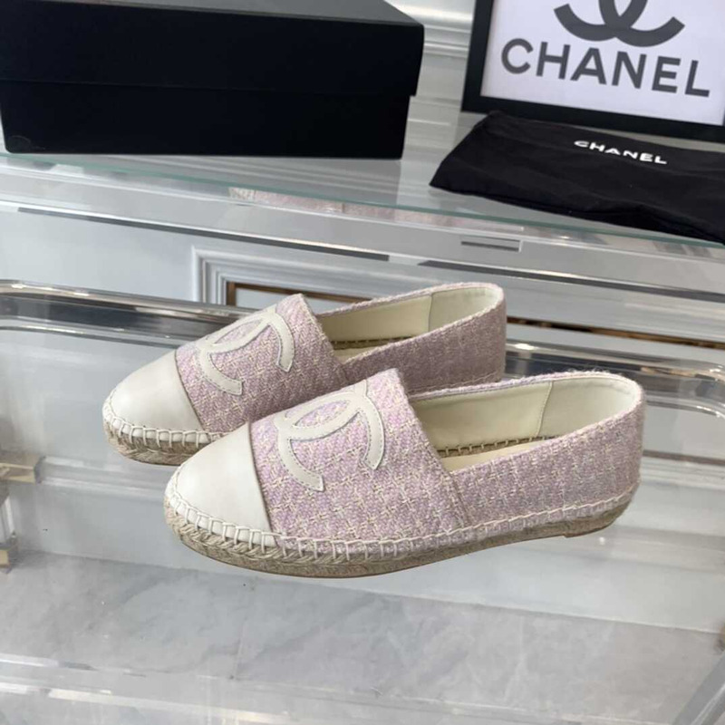 Ch*el flat espadrilles tweed,lambskin,patent calfskin white and pink