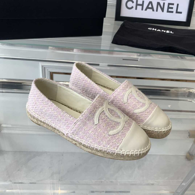 Ch*el flat espadrilles tweed,lambskin,patent calfskin white and pink