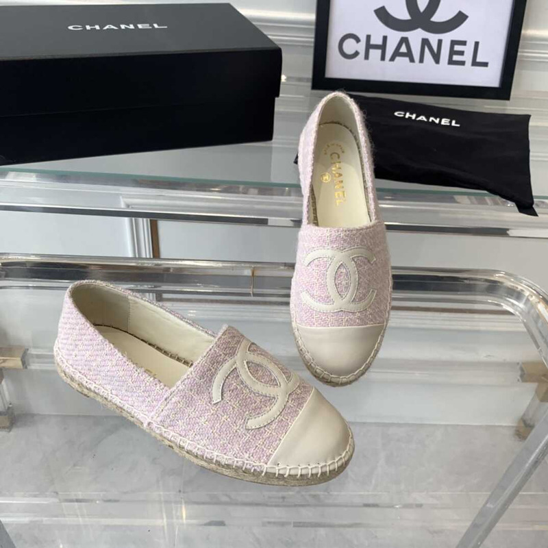 Ch*el flat espadrilles tweed,lambskin,patent calfskin white and pink