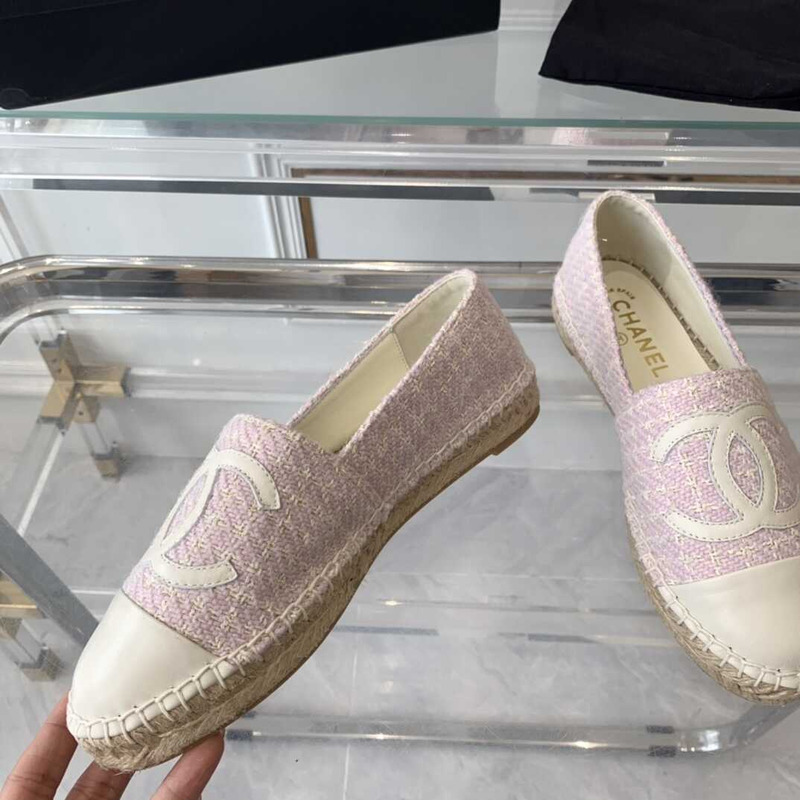 Ch*el flat espadrilles tweed,lambskin,patent calfskin white and pink