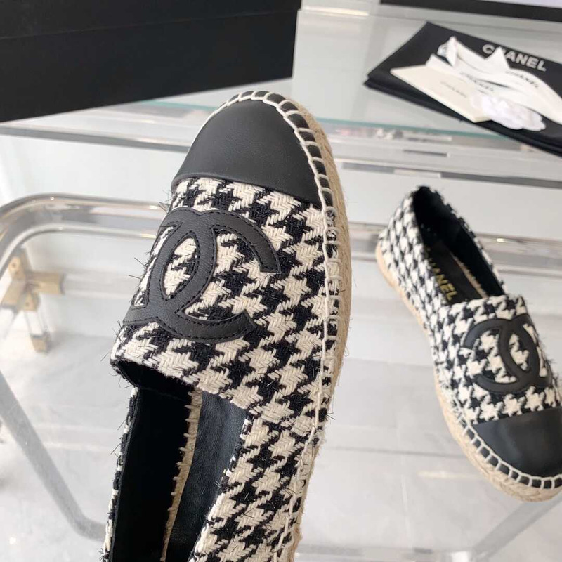 Ch*el flat espadrilles tweed,lambskin,patent calfskin black and white