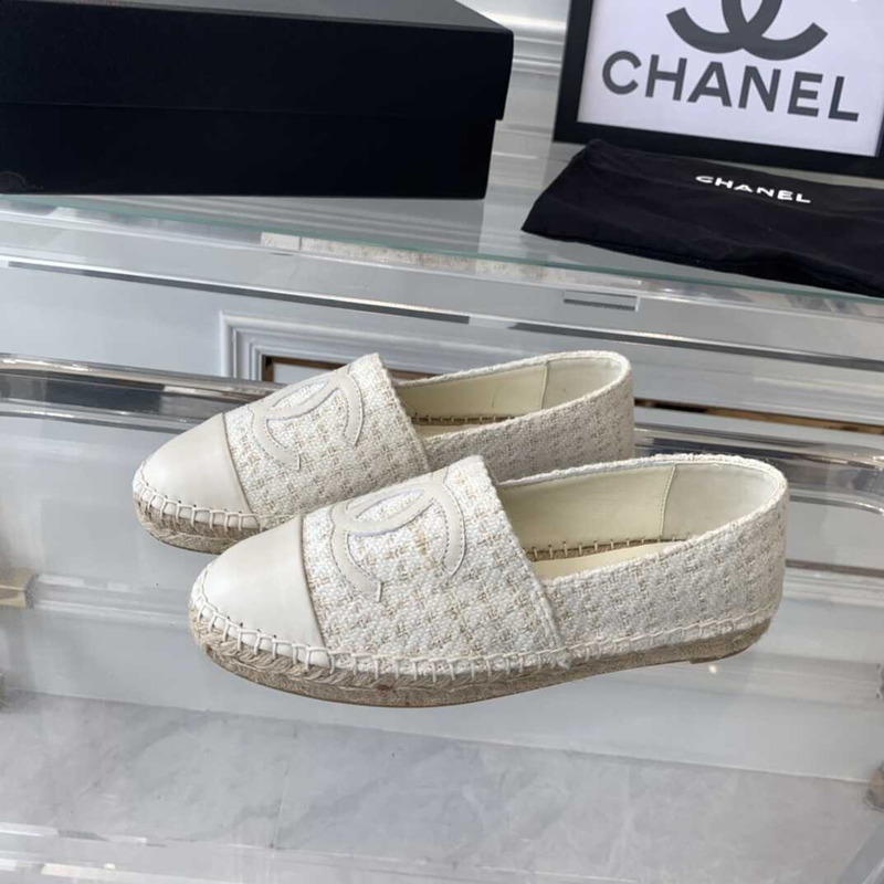 Ch*el flat espadrilles tweed,lambskin,patent calfskin white