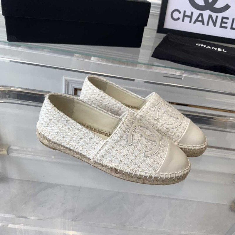 Ch*el flat espadrilles tweed,lambskin,patent calfskin white