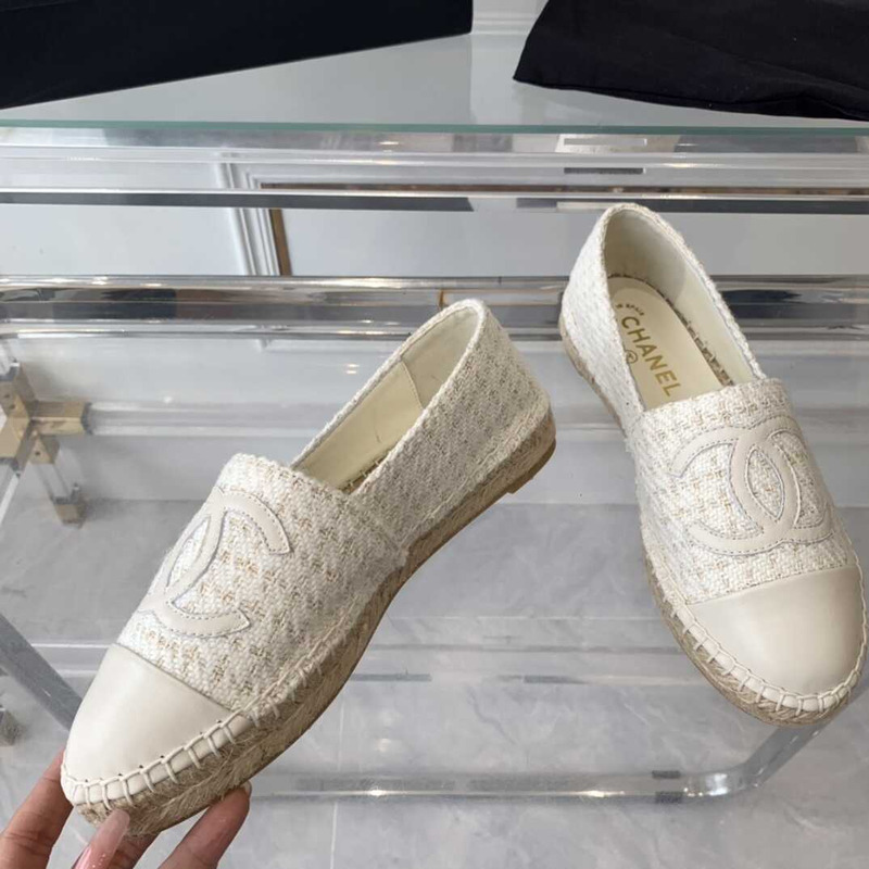 Ch*el flat espadrilles tweed,lambskin,patent calfskin white