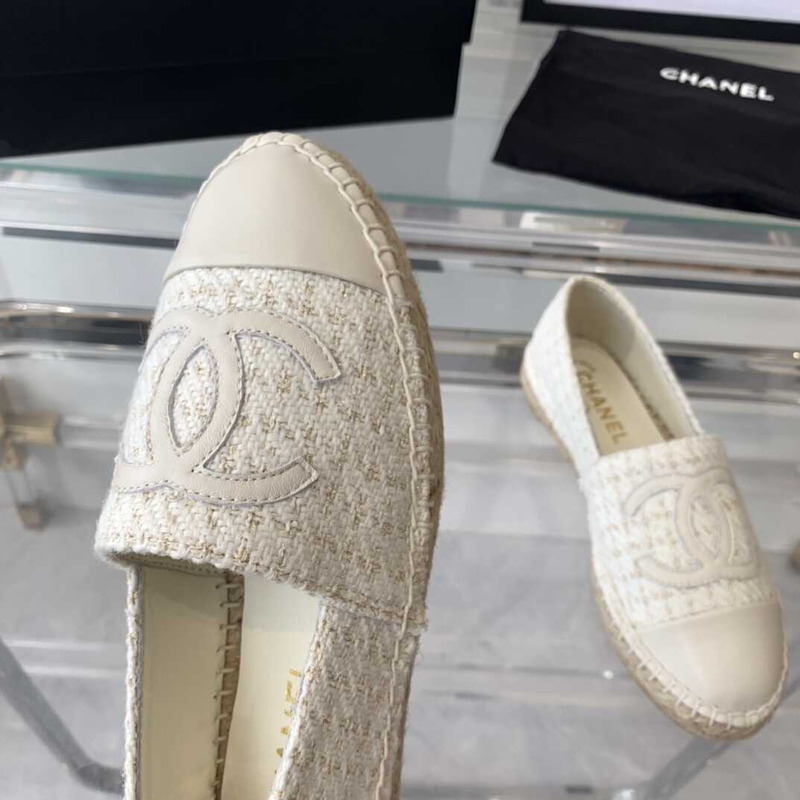 Ch*el flat espadrilles tweed,lambskin,patent calfskin white