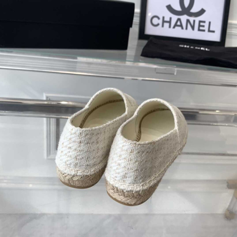 Ch*el flat espadrilles tweed,lambskin,patent calfskin white