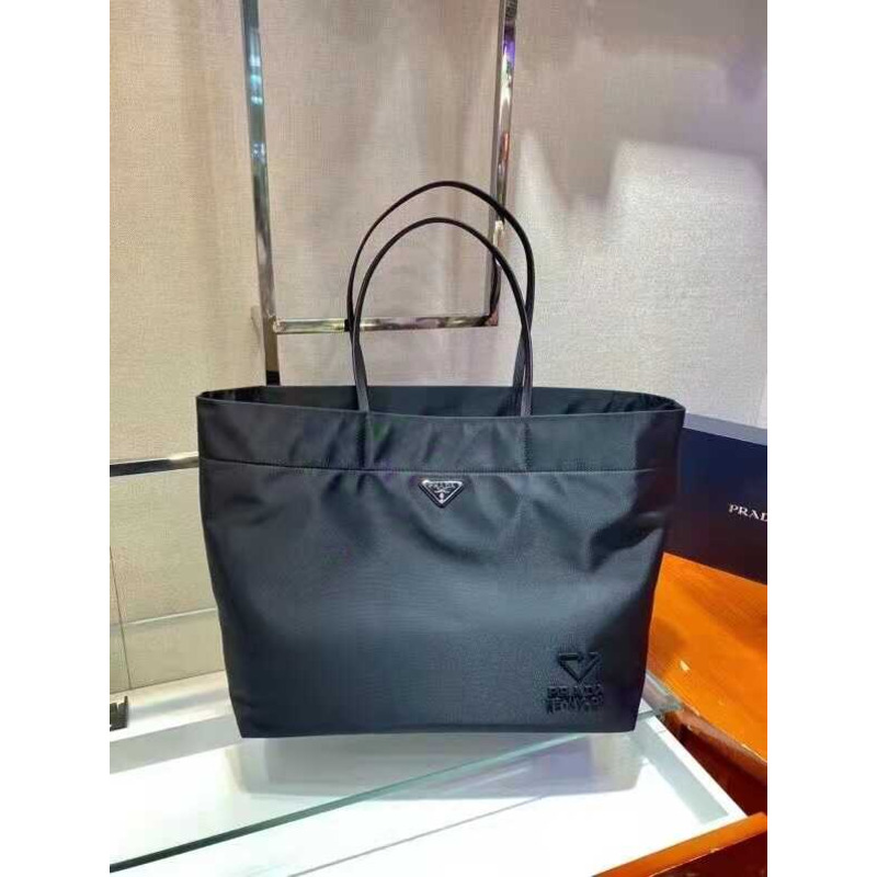 Pra*a re-nylon and saffiano leather tote bag black