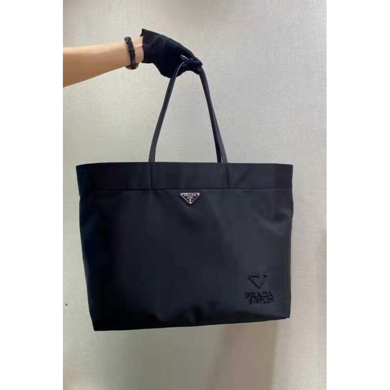 Pra*a re-nylon and saffiano leather tote bag black