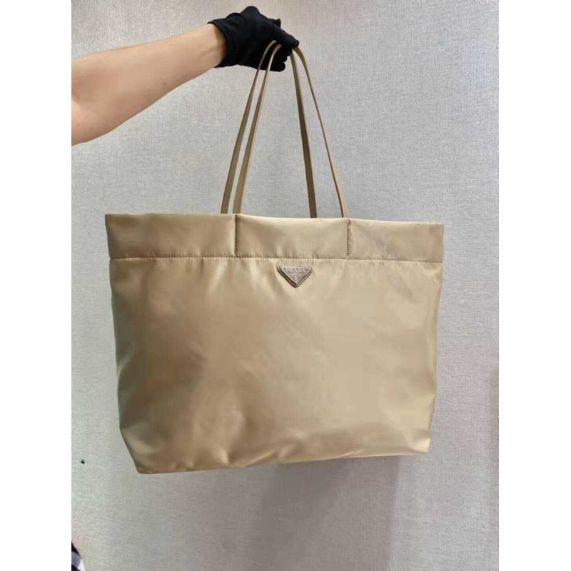 Pra*a re-nylon and saffiano leather tote bag desert beige