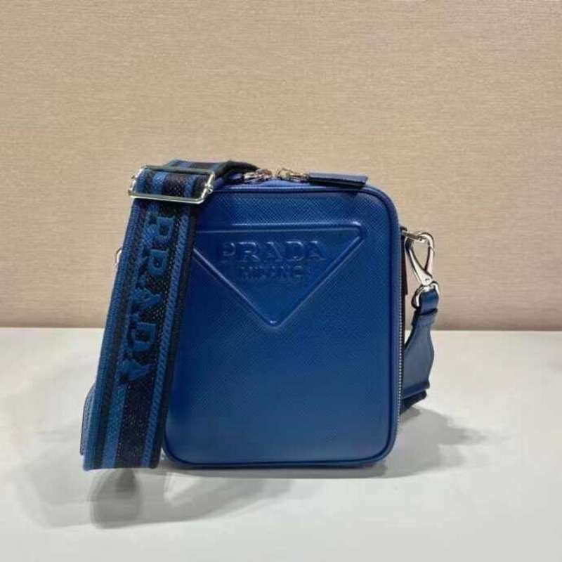 Pra*a saffiano embossed leather shoulder bag blue