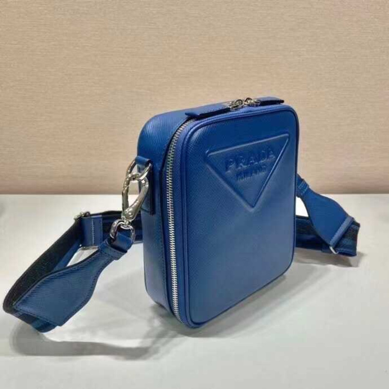 Pra*a saffiano embossed leather shoulder bag blue