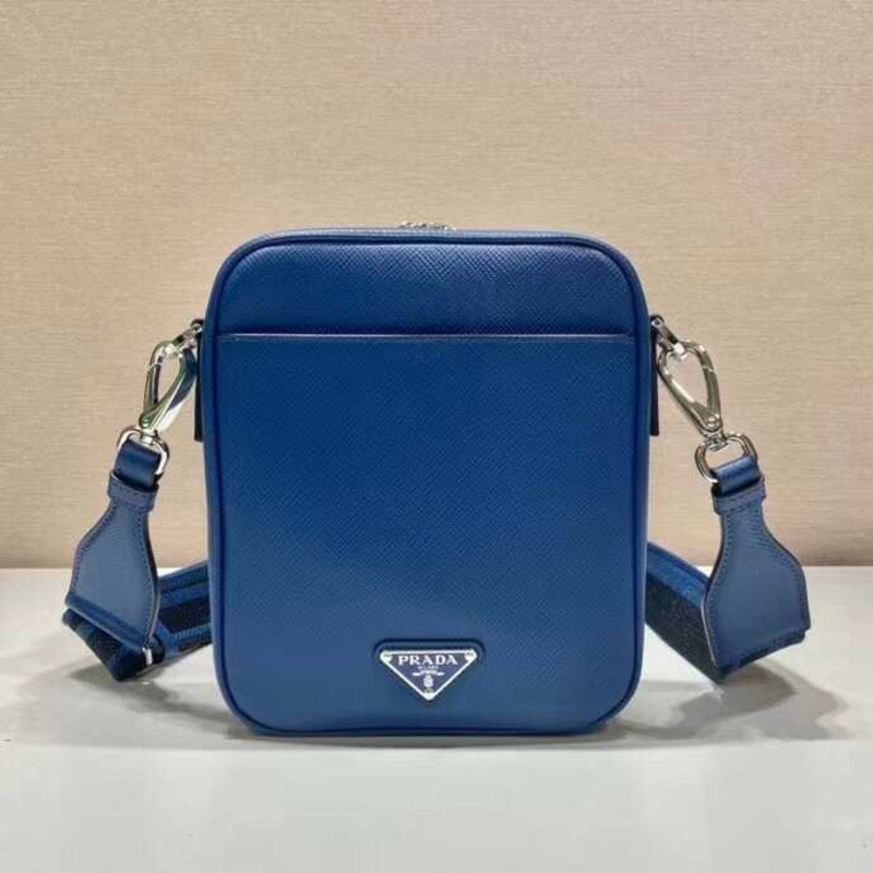 Pra*a saffiano embossed leather shoulder bag blue