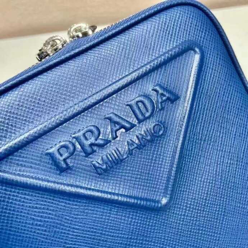 Pra*a saffiano embossed leather shoulder bag blue