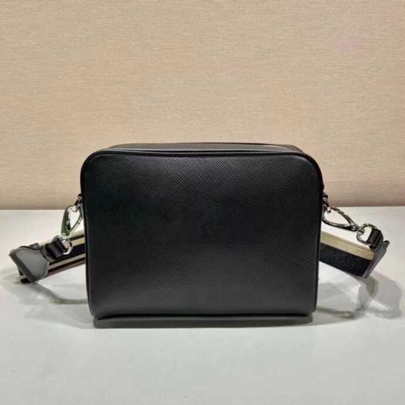 Pra*a saffiano logo embossed leather shoulder bag black