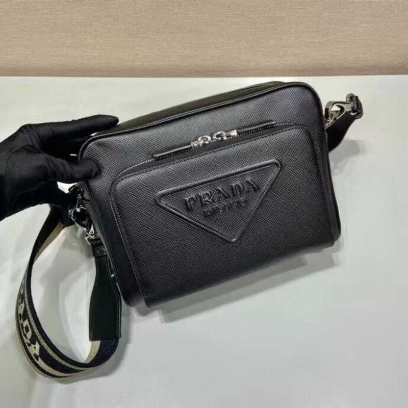 Pra*a saffiano logo embossed leather shoulder bag black