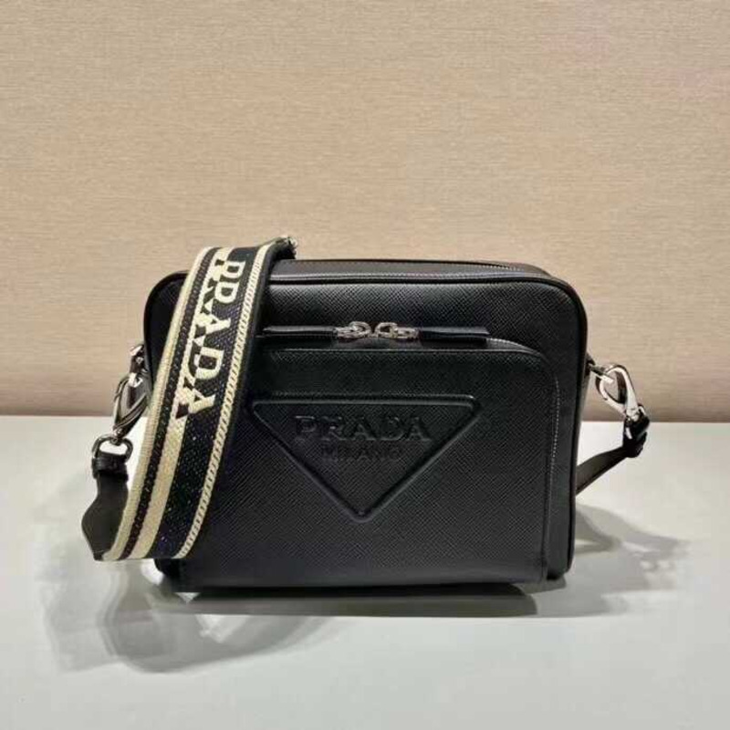 Pra*a saffiano logo embossed leather shoulder bag black