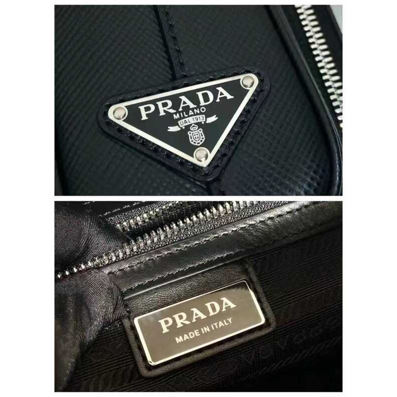 Pra*a saffiano logo embossed leather shoulder bag black