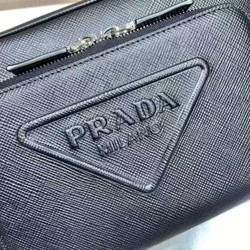 Pra*a saffiano logo embossed leather shoulder bag black