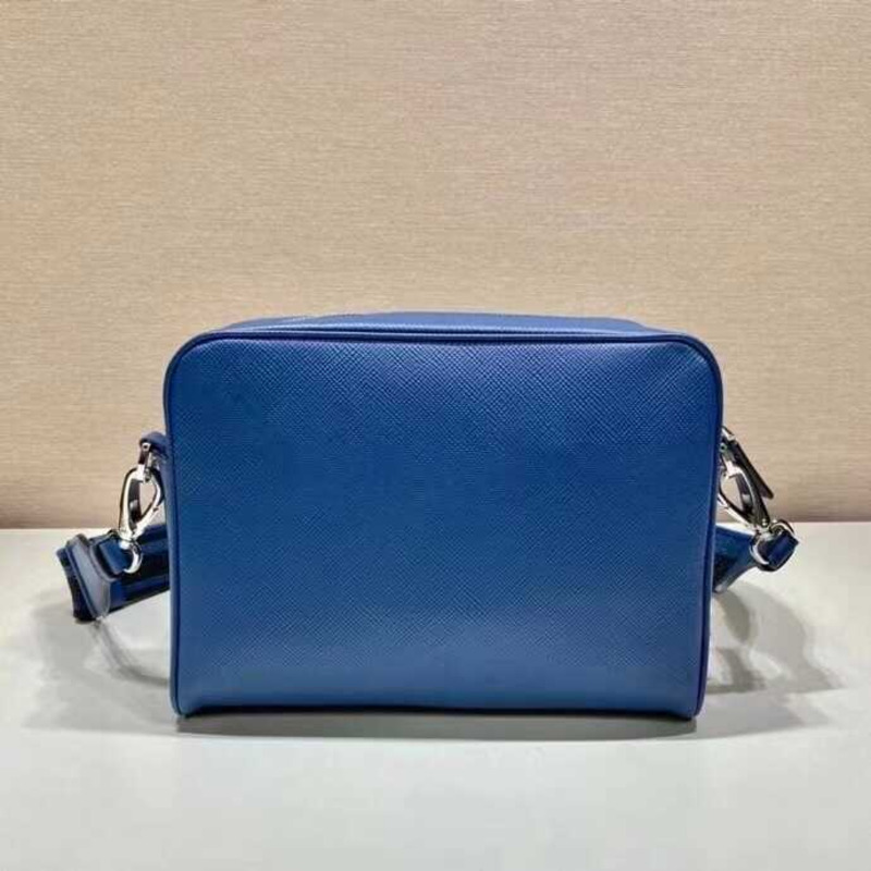 Pra*a saffiano logo embossed leather shoulder bag blue